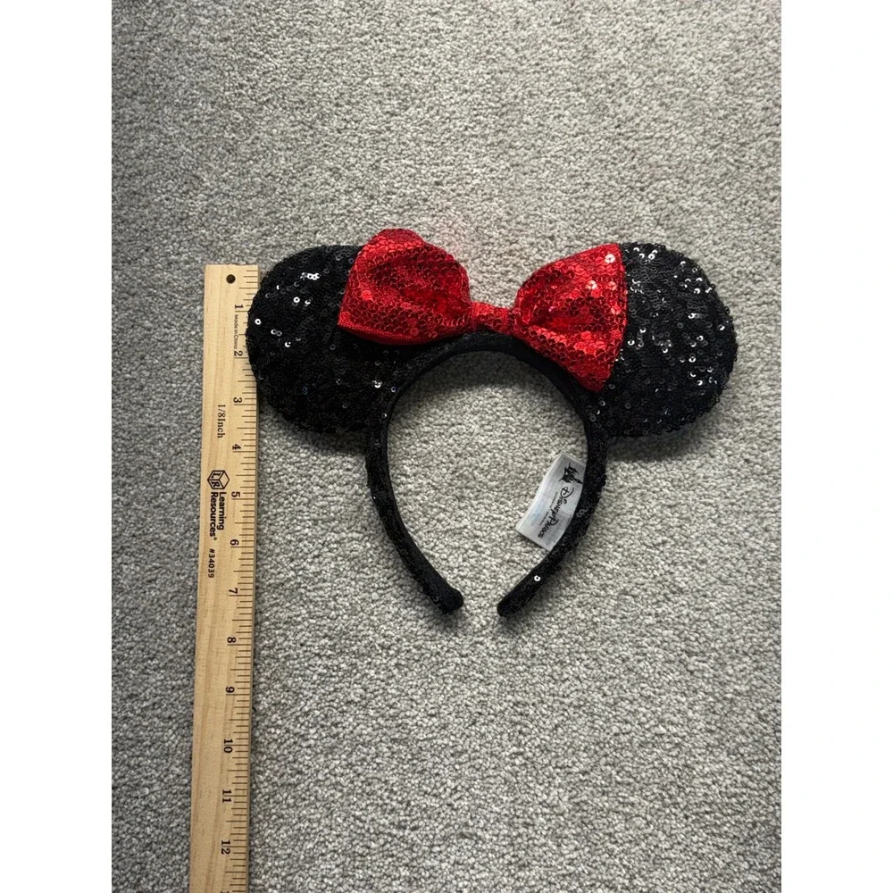 Disney Parks Minnie Mouse Sequin Ears Headband Red Bow Black Sparkle Accessory